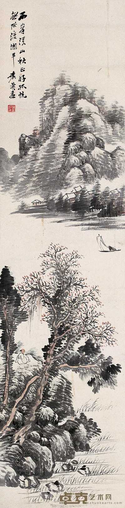 赵荃 平湖孤帆 立轴 136×34cm